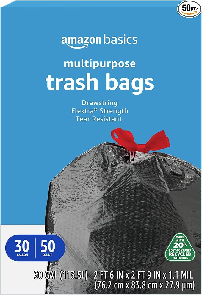 Basics 30 Gallon Flextra Strength Multipurpose Drawstring Trash Bags, 20% Post Consumer Recycled Material, Tear Resistant, Black, 50 Count