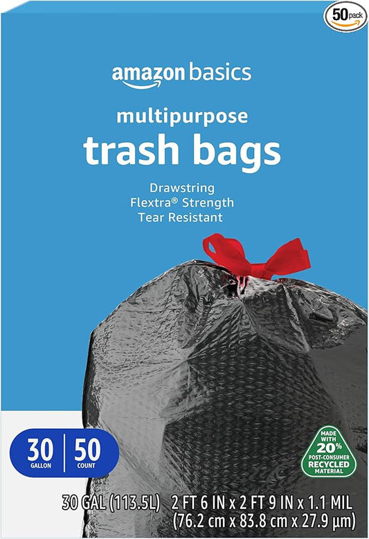 Basics 30 Gallon Flextra Strength Multipurpose Drawstring Trash Bags, 20% Post Consumer Recycled Material, Tear Resistant, Black, 50 Count