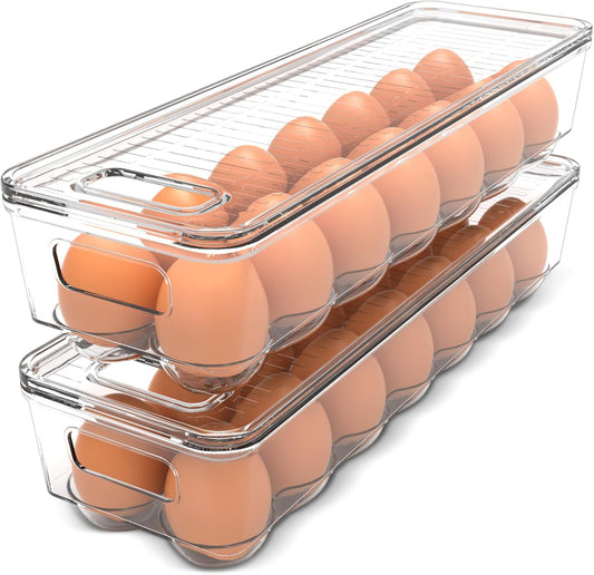 Utopia Home Egg Container With Lid and Handle for Refrigerator Organization- Pack of 2 - Clear Stackable Egg Holder for Kitchen or Pantry Organizers and Storage