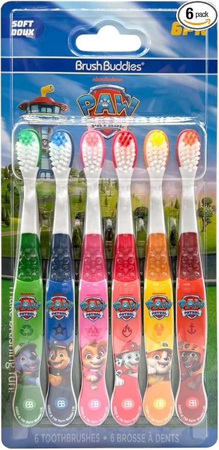 Brush Buddies Paw Patrol Kids Toothbrush Set of 6 Pack Soft Bristle Toothbrushes for Toddlers Ages 2+, Extra Gentle Bristles, Small Head, Easy Grip Handle, Fun Paw Patrol Characters, Kids Oral Care