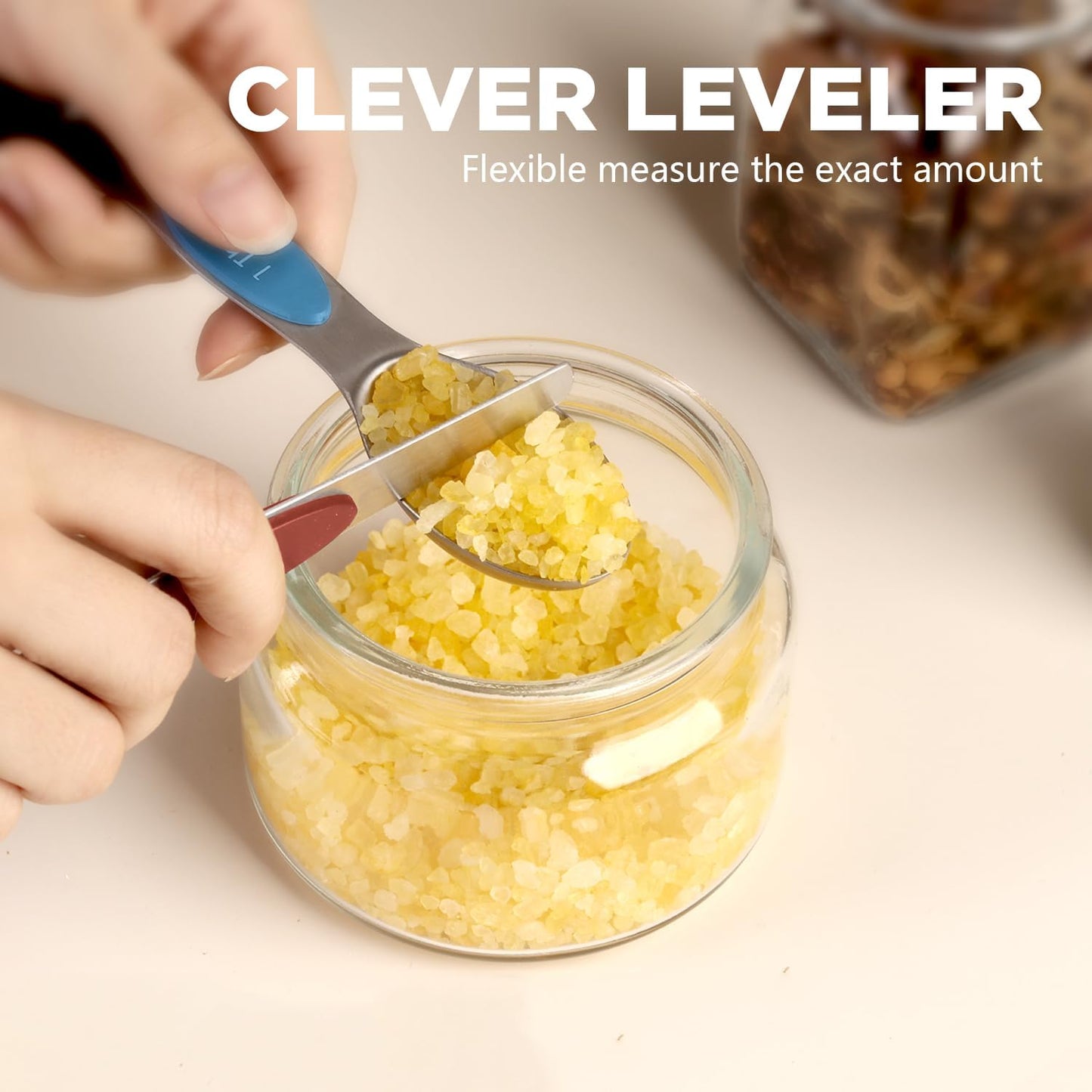 ChefAide Pack of 8 Stainless Steel Magnetic Measuring Spoons Set, Dual Sided, Stackable, Adjustable Teaspoon and Tablespoon Measure Spoon with Leveler, Kitchen Gadgets