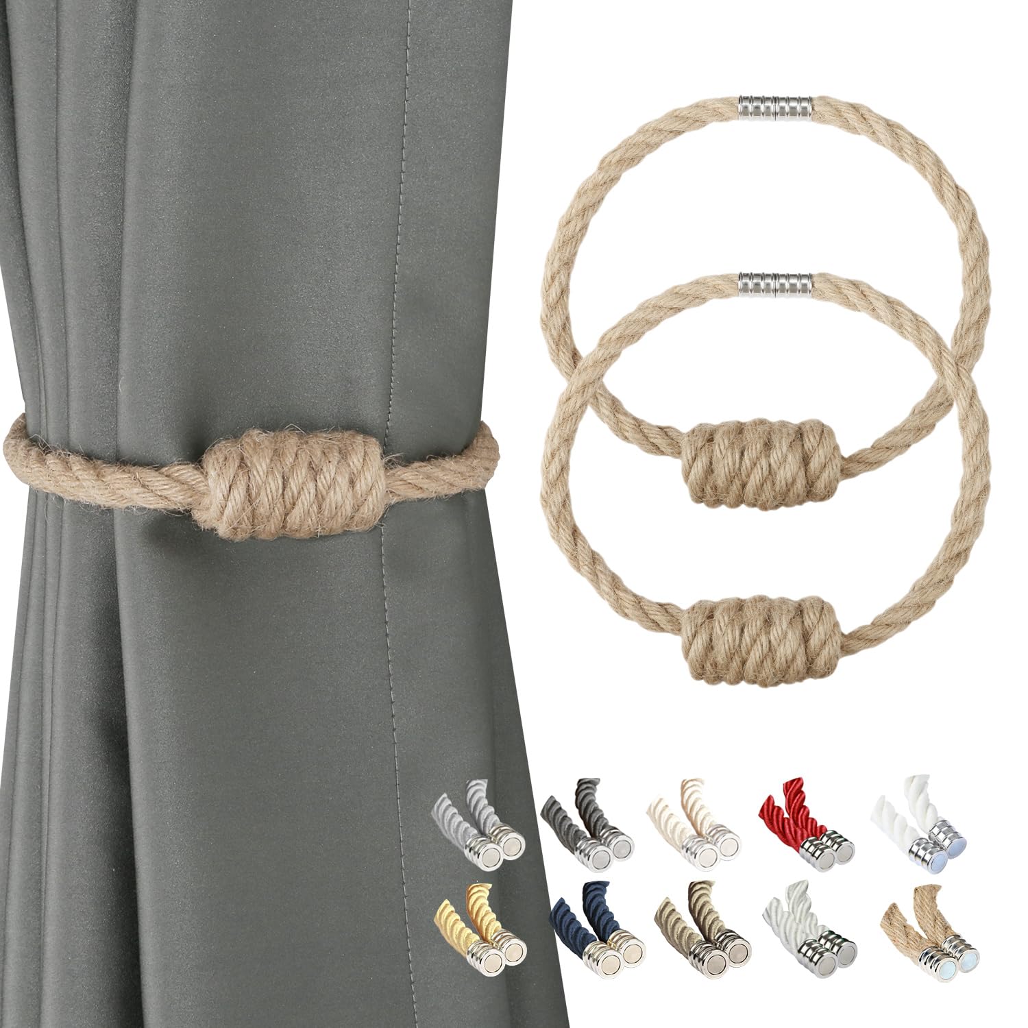 BEL AVENIR Magnetic Jute Curtain Tiebacks, Decorative Drapery Holdbacks Bohemian Style Woven Tie-Backs with Exquisite Knot (Jute, 2 Pack)