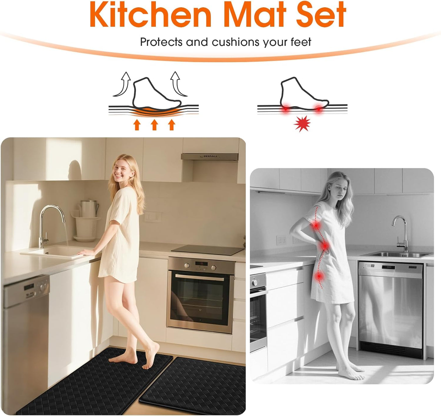 Kitchen Mats, 2PCS Kitchen Rugs, Cushioned Anti Fatigue Kitchen Mats for Floor, Non-Slip Standing Sink Mat, Waterproof Kitchen Rug Set for Kitchen Floor Office,17.3"×30"+17.3"×47" Black