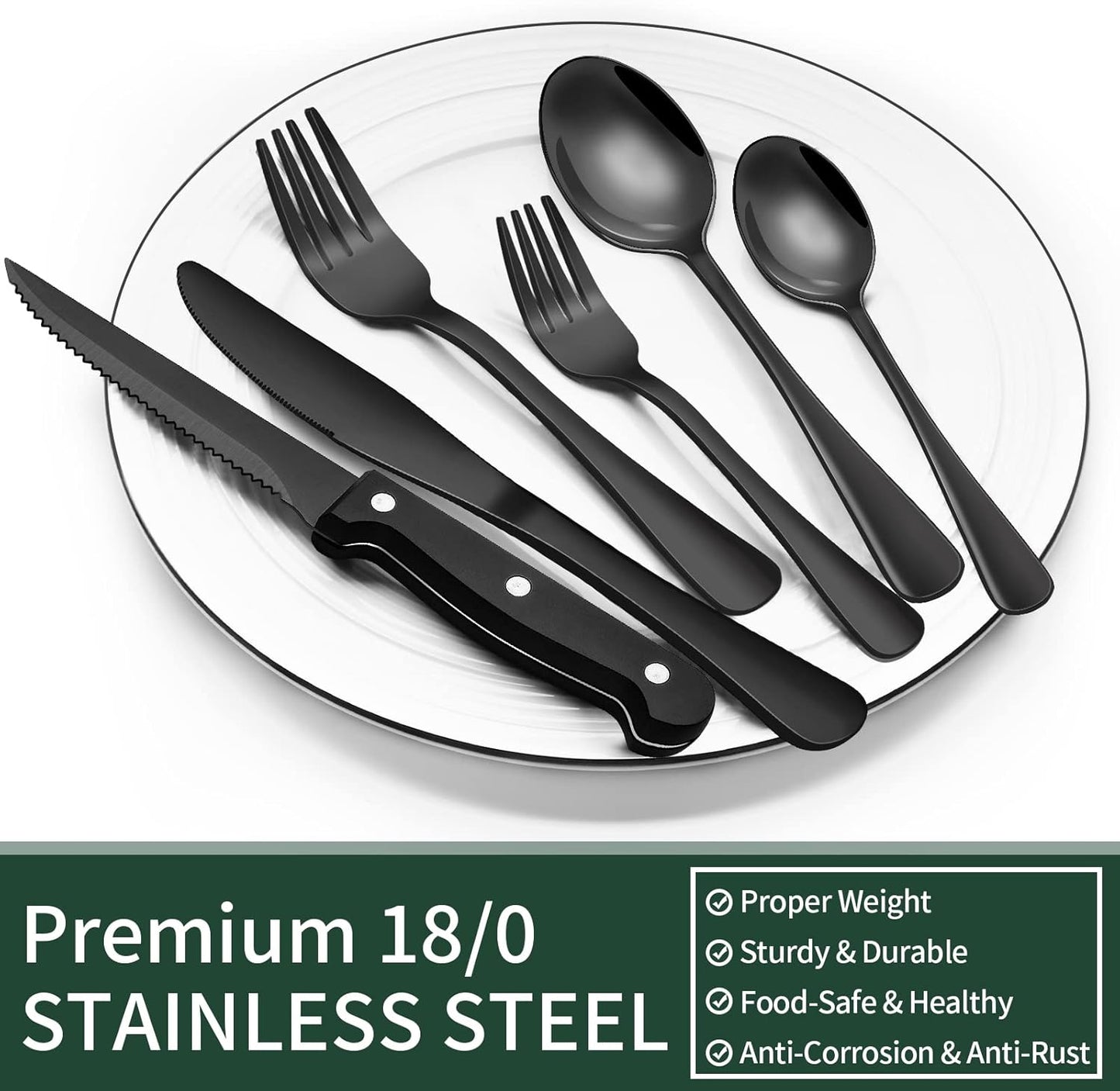 EWFEN 24-Piece Black Silverware Set with Steak Knives, Black Flatware Set for 4, Food-Grade Stainless Steel Tableware Cutlery Set, Mirror Finished Utensil Sets for Home Restaurant, Round Edge