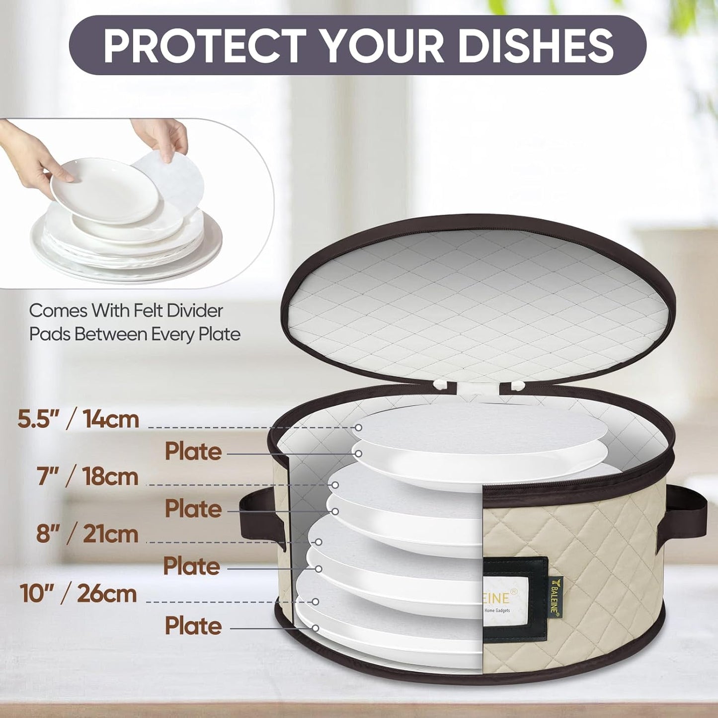 BALEINE China Storage Containers, Sturdy Quilted Wine Glass Storage, Plate Organizer with Carry Handles, Moving Boxes for Dishes, Cups, Mugs and Stemware (Plate Mug Combo, Soft Shell Cream