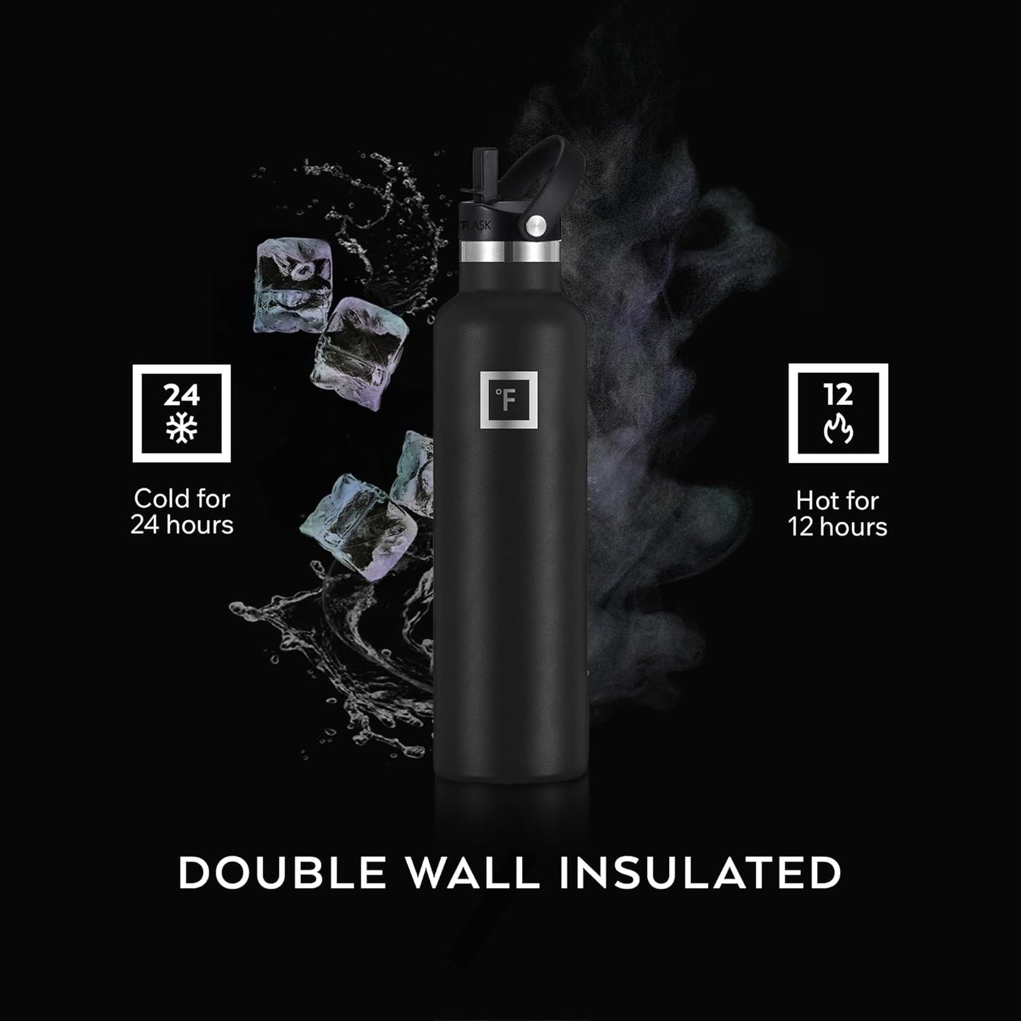 IRON °FLASK Camping & Hiking Hydration Flask with Straw, BPA-Free Insulated Stainless Steel Sports Water Bottle - 24 oz Midnight Black