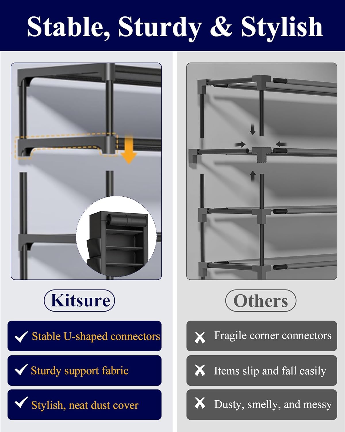 Kitsure Shoe Rack - 10-Tier Large Capacity Shoe Organizer Shelf with Dust Cover & Side Pockets, Rust-Proof Metal Shoe Rack for Closet, Entrance, Living Room, 17.5" x 12.4" x 69.3", Black