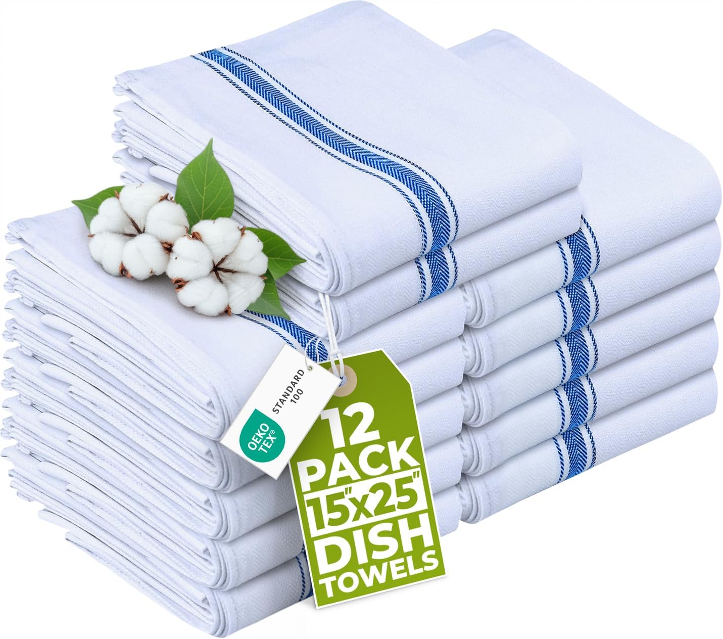 Towels Blue Dish Towels [12 Pack - 15 x 25 Inches] 100% Ring Spun Cotton Highly Absorbent & Reusable Cleaning Bar, Tea, Kitchen and Dishcloths Set - 200 GSM
