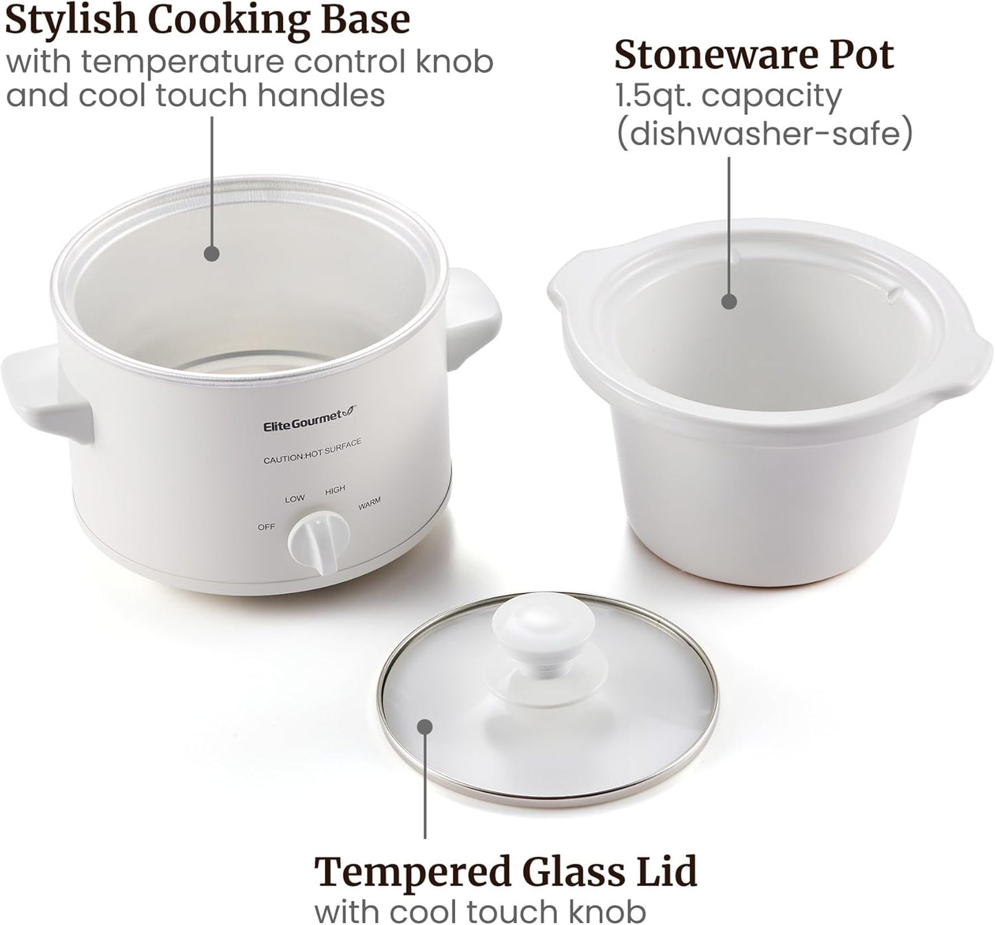 Elite Gourmet MST-250XW Electric Slow Cooker Ceramic Pot Adjustable Temp, Entrees, Sauces, Stews & Dips, Dishwasher Safe Glass Lid & Crock