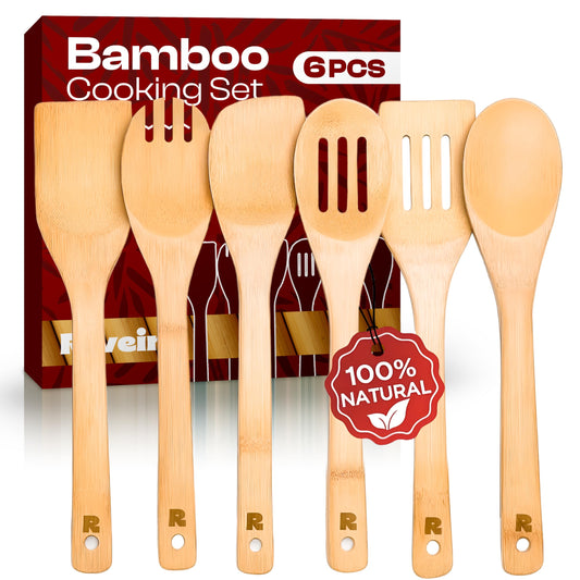 Riveira Bamboo Cooking Spoons 6-Piece – Wooden Cooking Utensils Set with Wooden Spoons for Cooking & Spatulas Wooden Utensil Sets – Premium Kitchen Utensils Set – Durable First Apartment Essentials