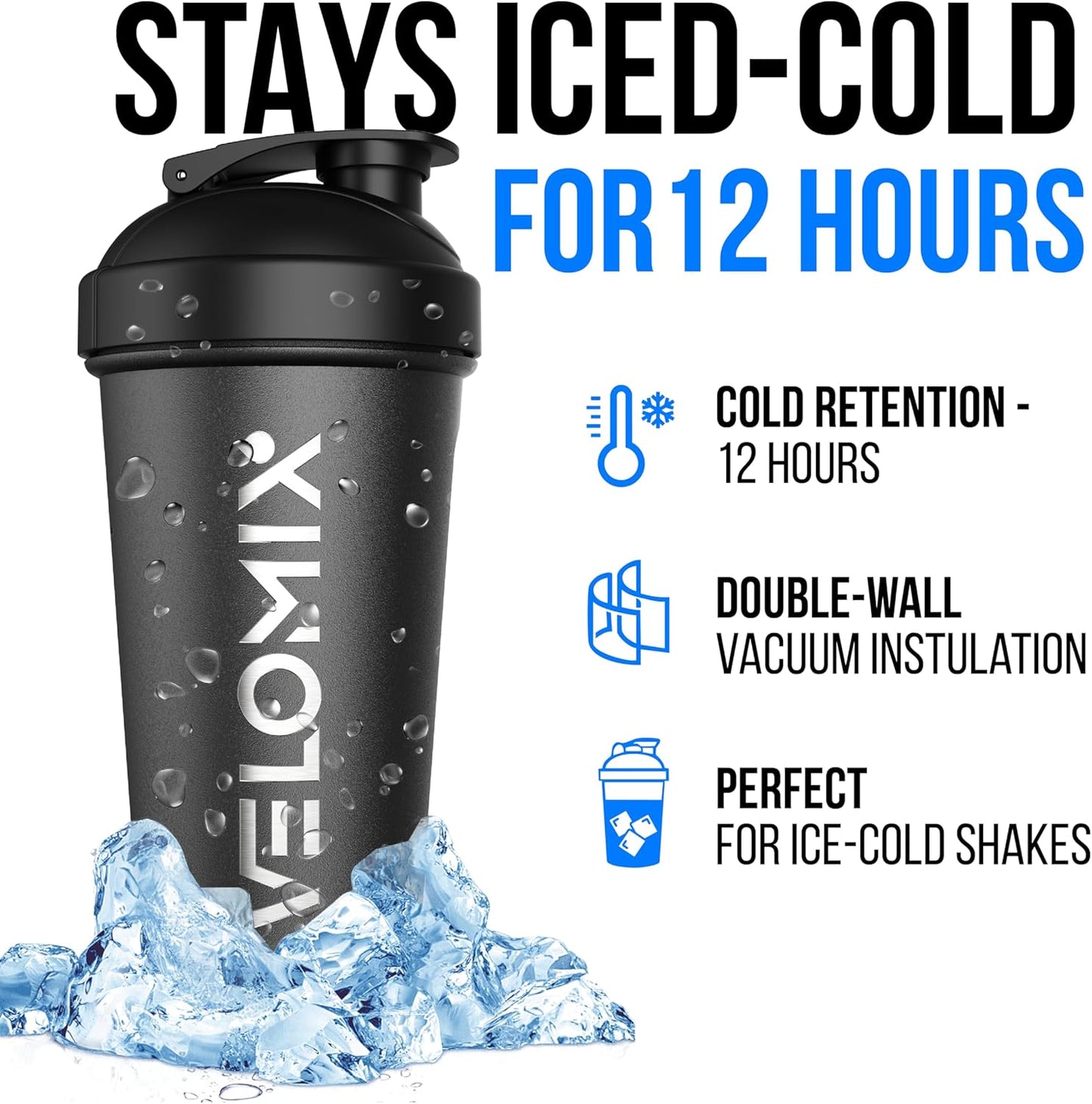 VELOMIX 24 oz Stainless Steel Shaker Bottle with Wire Whisk - Leakproof, No Clumps, Odor Resistant Metal Shaker Bottle, Insulated Shaker Cups for Protein Shakes, Pre Workout and Smoothie (Black)