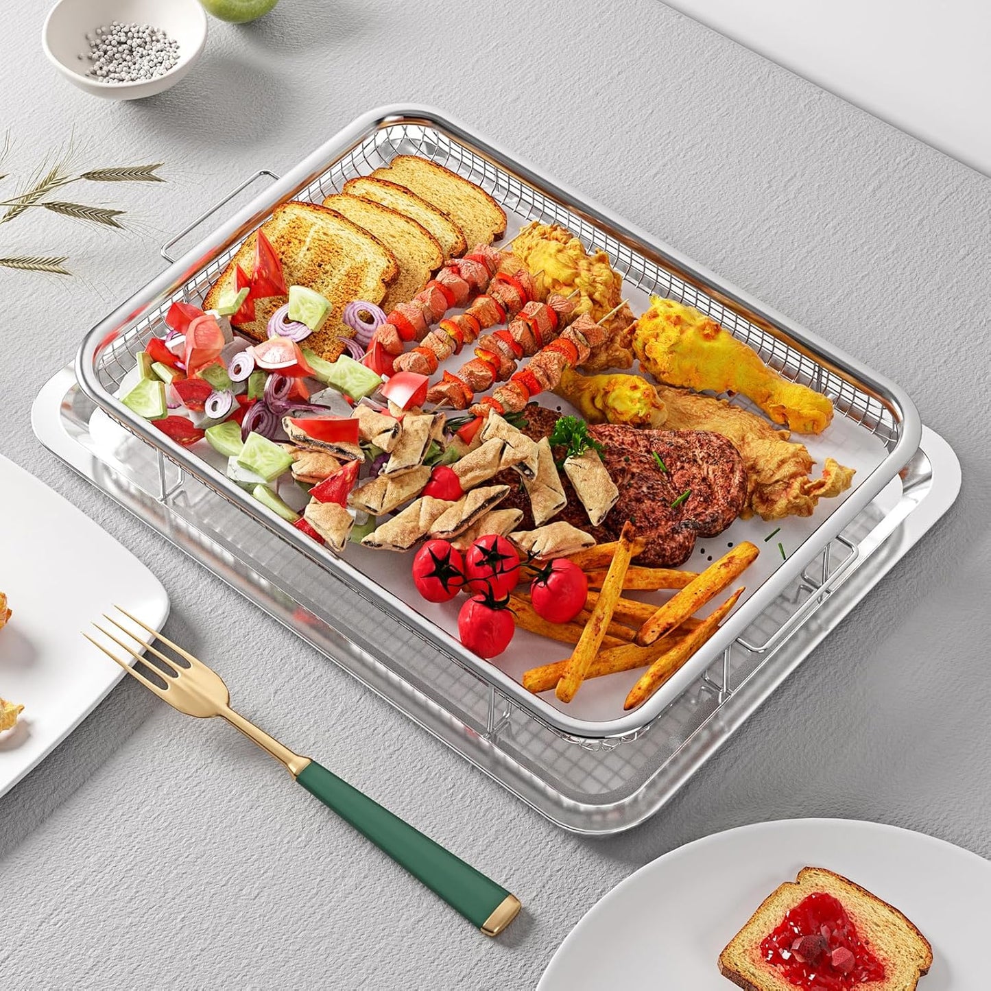 Air Fryer Basket for Oven, OPENICE 15.3" x 11.0" Large Air Fryer Tray and Pan with 30PCS Parchment Papers, Stainless Steel Oven Air Fryer Basket and Tray for Baking Grilling