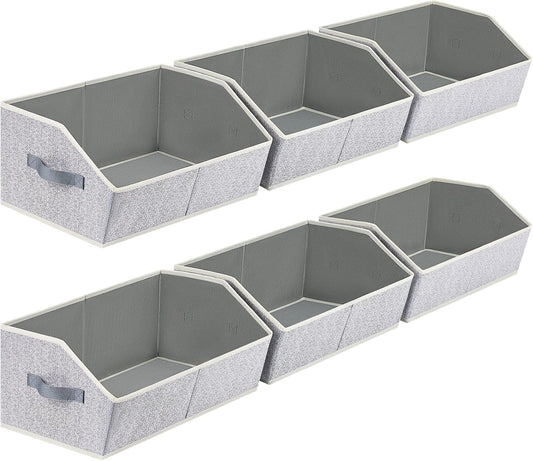 Closet Organizers Bins 6 Packs - Large Closet Shelf Organizer with Handles, Fabric Trapezoid Storage Bins, Collapsible Storage Cubes for Clothes, Towels, Light Gray