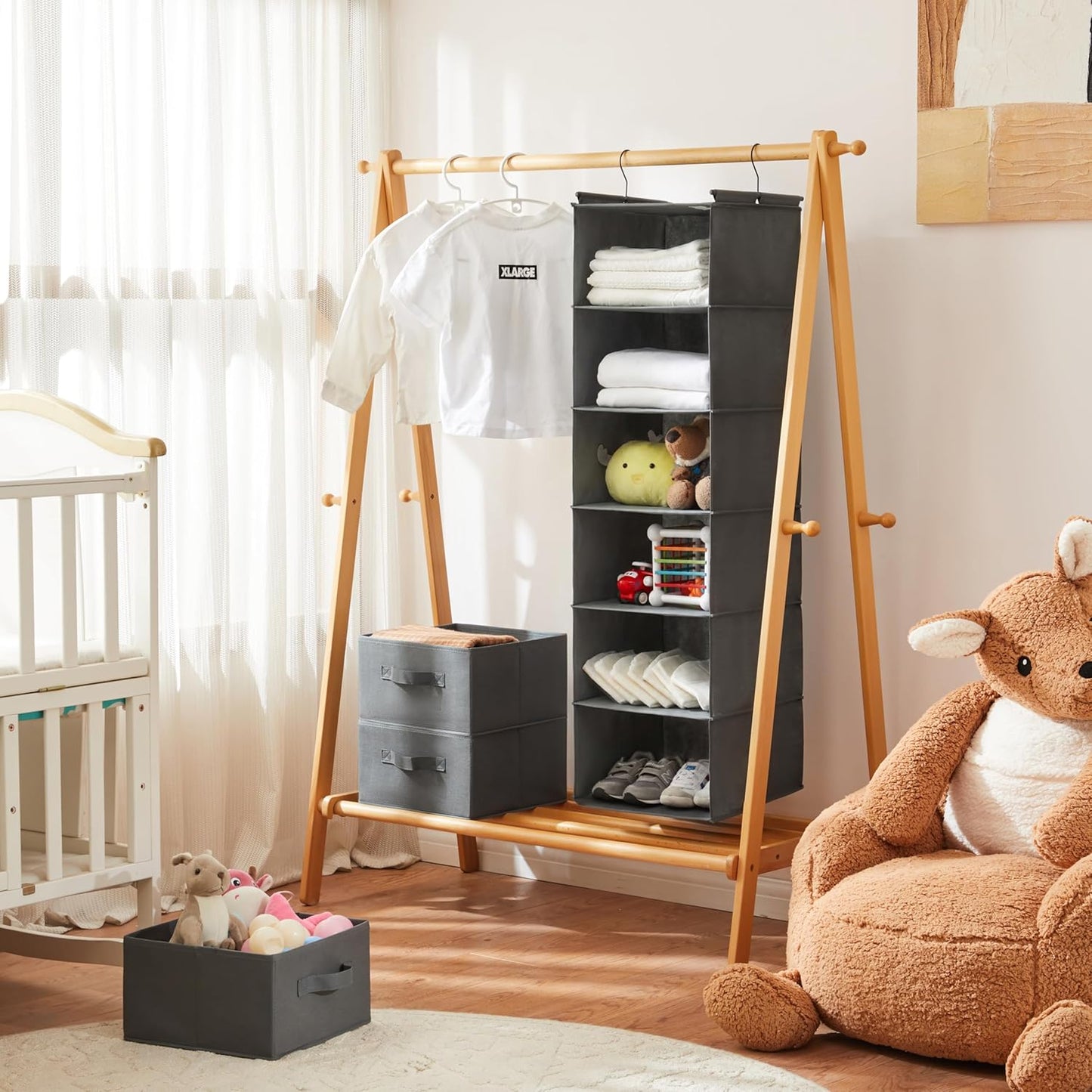 MAX Houser 6 Tier Shelf Hanging Closet Organizer, Closet Hanging Shelf with 2 Sturdy Hooks for Storage, Foldable (Grey)