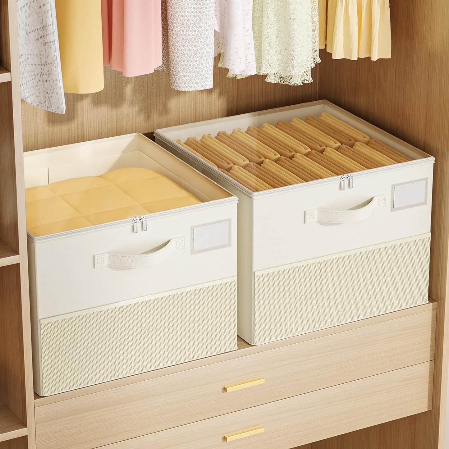 2 Pack Shoe Organizer for Closet, Large Shoe Box Storage Containers, Foldable Shoe Storage Organizer Box Bin with Adjustable Dividers and Clear Cover, Space Saving Shoes Holder, Beige