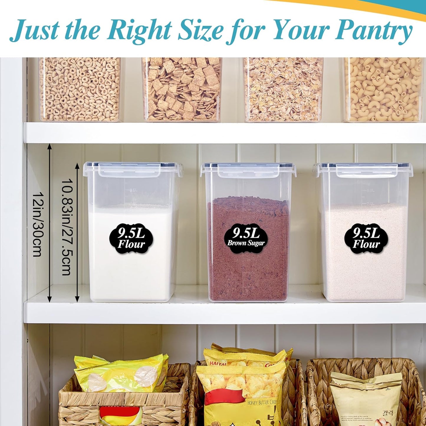 Vtopmart 9.5L 2 Pack Extra Large Flour Sugar Storage Containers for 25lbs flour, Airtight Kitchen Pantry Organization Canisters with Lids for Bulk food, Rice, Baking Supplies, BPA Free, Black