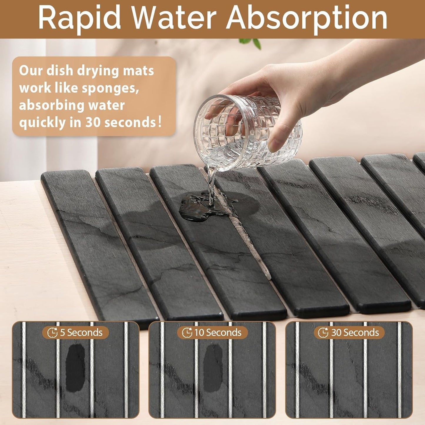 Large Stone Dish Drying Mat for Kitchen Counter,2 PCS Quick Dry Stone Dishes Mats,Foldable Water Absorbing Diatomaceous Earth Drying Pad for Countertop Bottles Utensils Cups(Dark Gray 24"×16" & 8"x4")