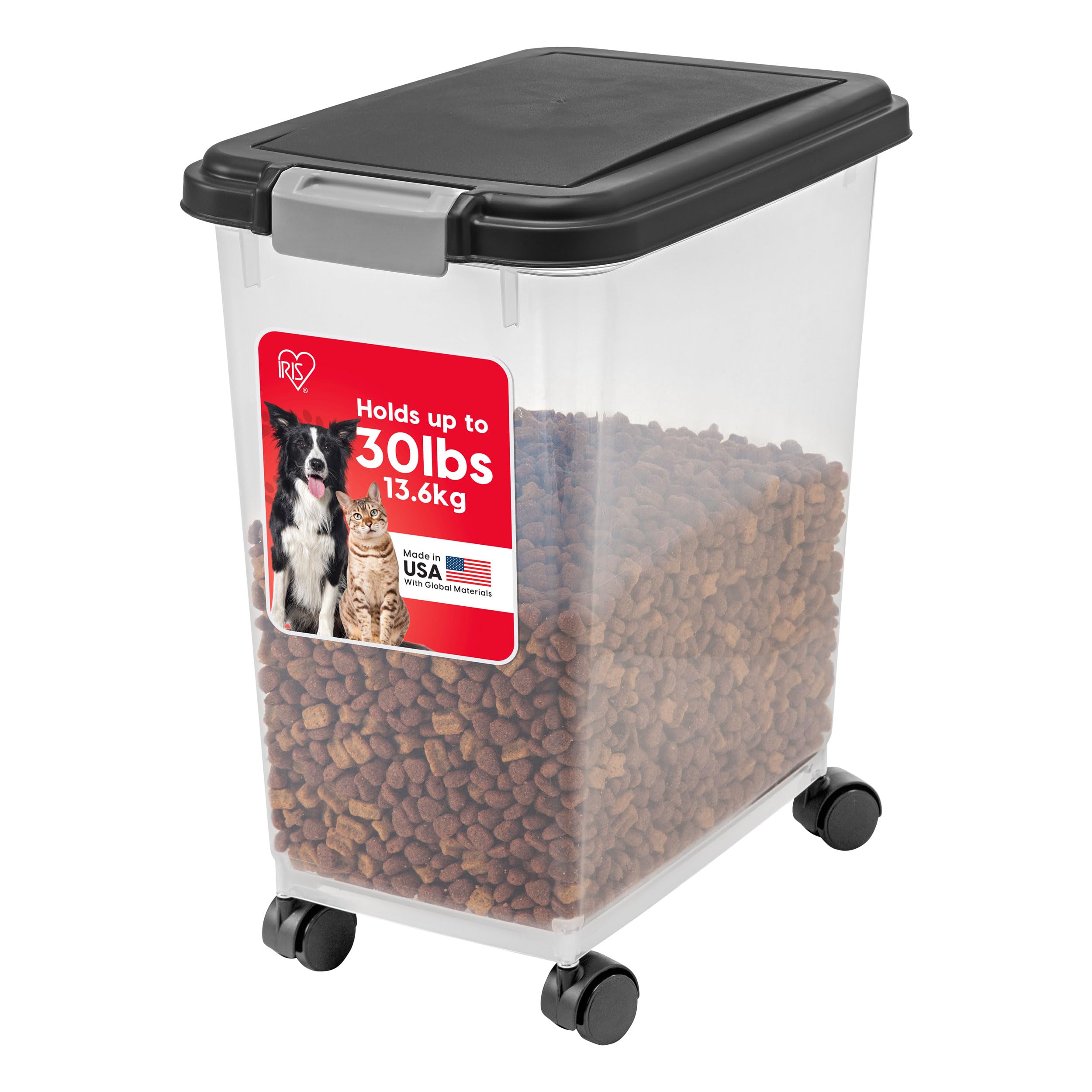 IRIS USA Airtight Dog Food Storage Container, Up to 30 lbs, Attachable Wheels, for Dog Cat Bird and other Pet Food Storage Bin, Keep Fresh, Easy Mobility, BPA Free, Black