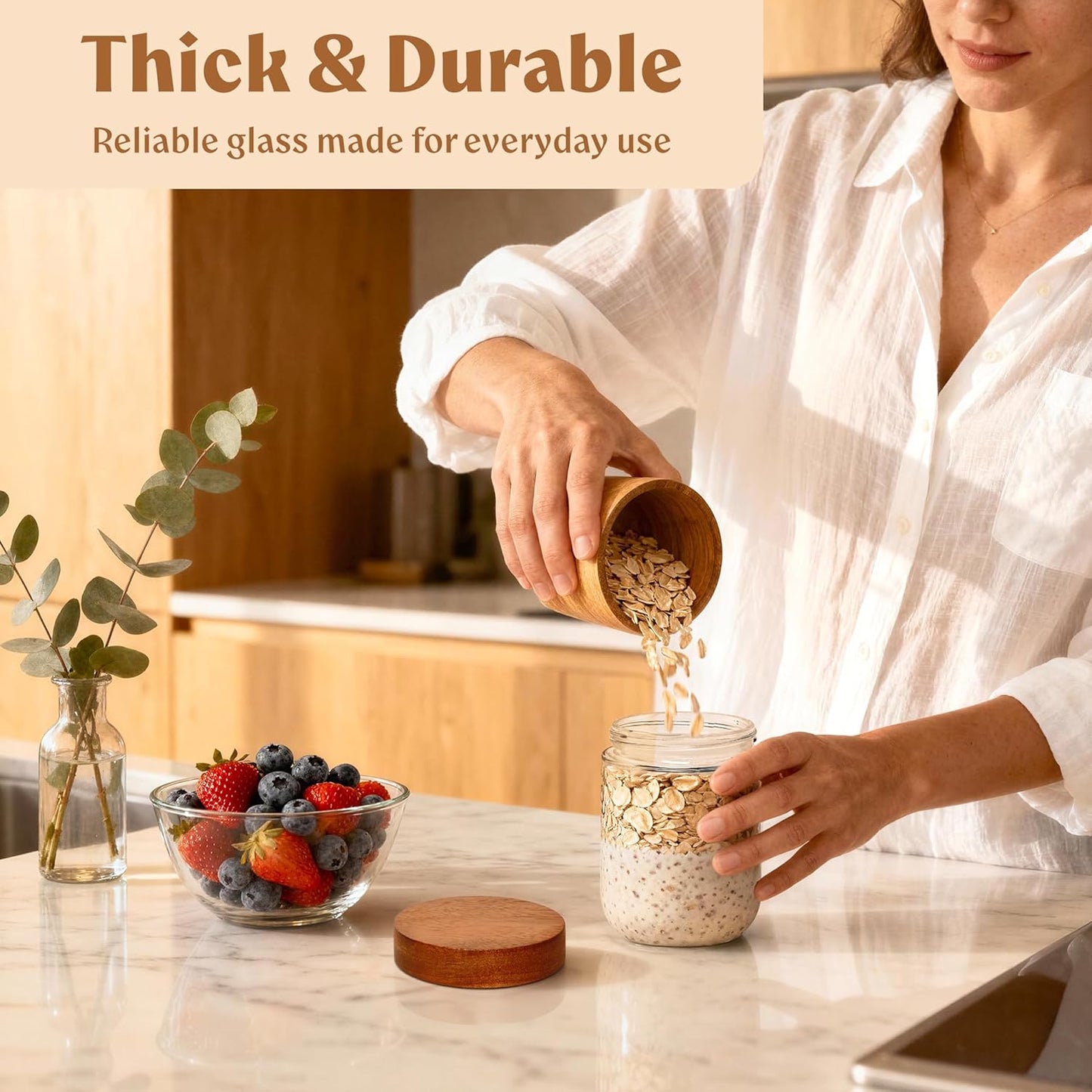 Overnight Oats Containers with Lids Acacia (4 x 16oz) Glass Jars for Oatmeal, Meal Prep, Food Storage | Leak-Proof Mason Jars for Oats, Cereal, Yogurt, Chia Pudding [Thicker Glass 3mm]