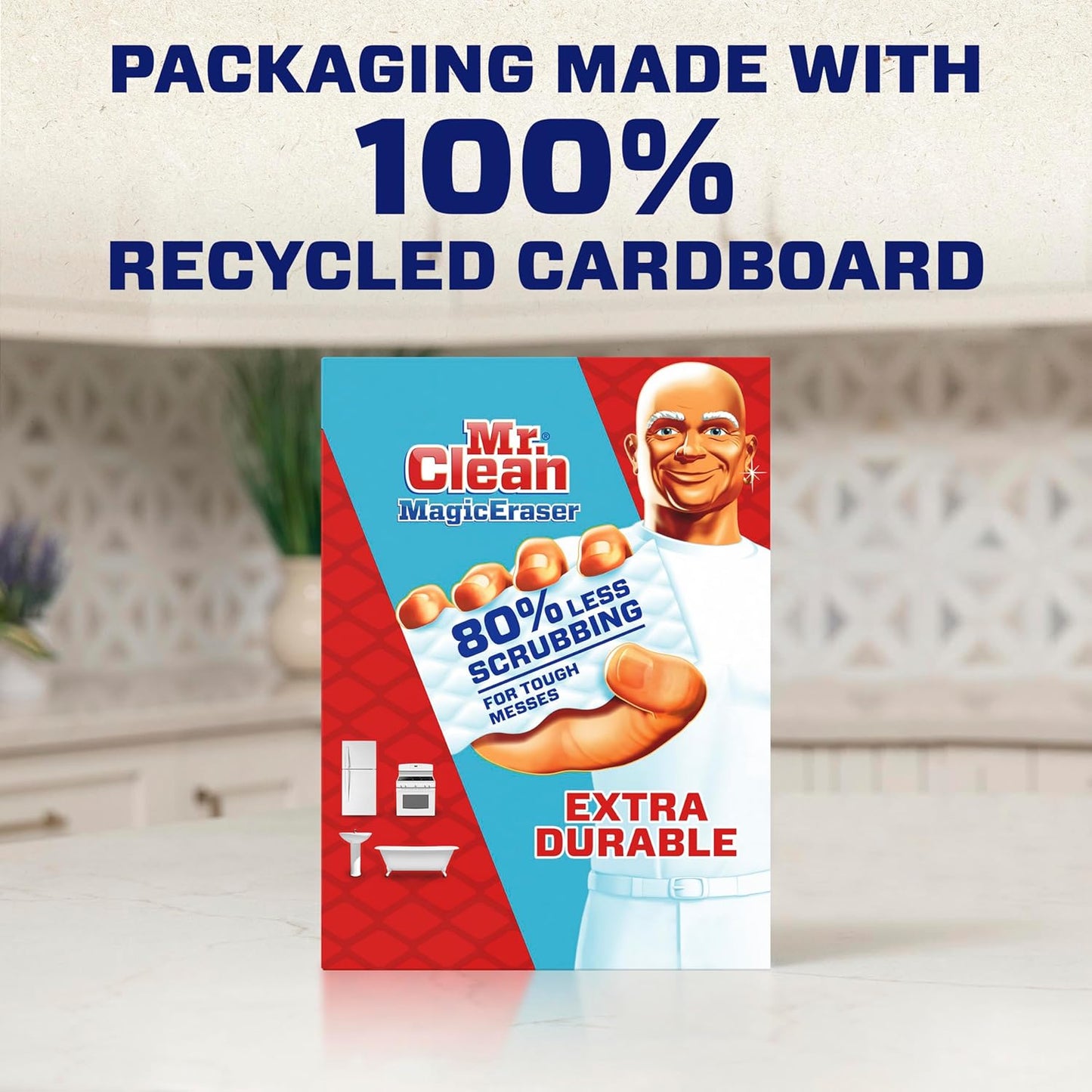 Mr. Clean Magic Eraser Sponge, All Purpose Cleaner, Cleaning Scrubber, Wall Cleaner, Sneaker Cleaner, Kitchen, Bathroom, Shower Cleaning Supplies, Melamine Sponge, Cleaning Pads, Extra Durable, 4ct