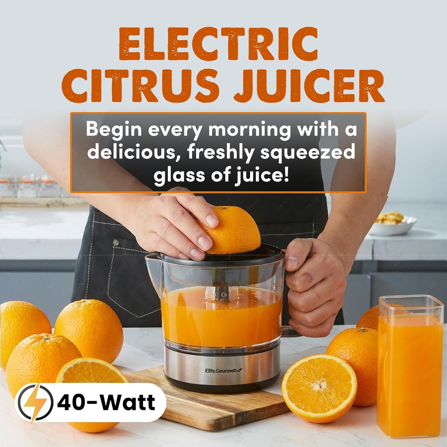 Elite Gourmet ETS623 BPA-Free 40-Watt Electric Citrus Juicer, Compact, Large Volume, Pulp Control, Oranges, Lemons, Limes, Grapefruits with Easy Pour Spout, 24oz, Black/Stainless Steel