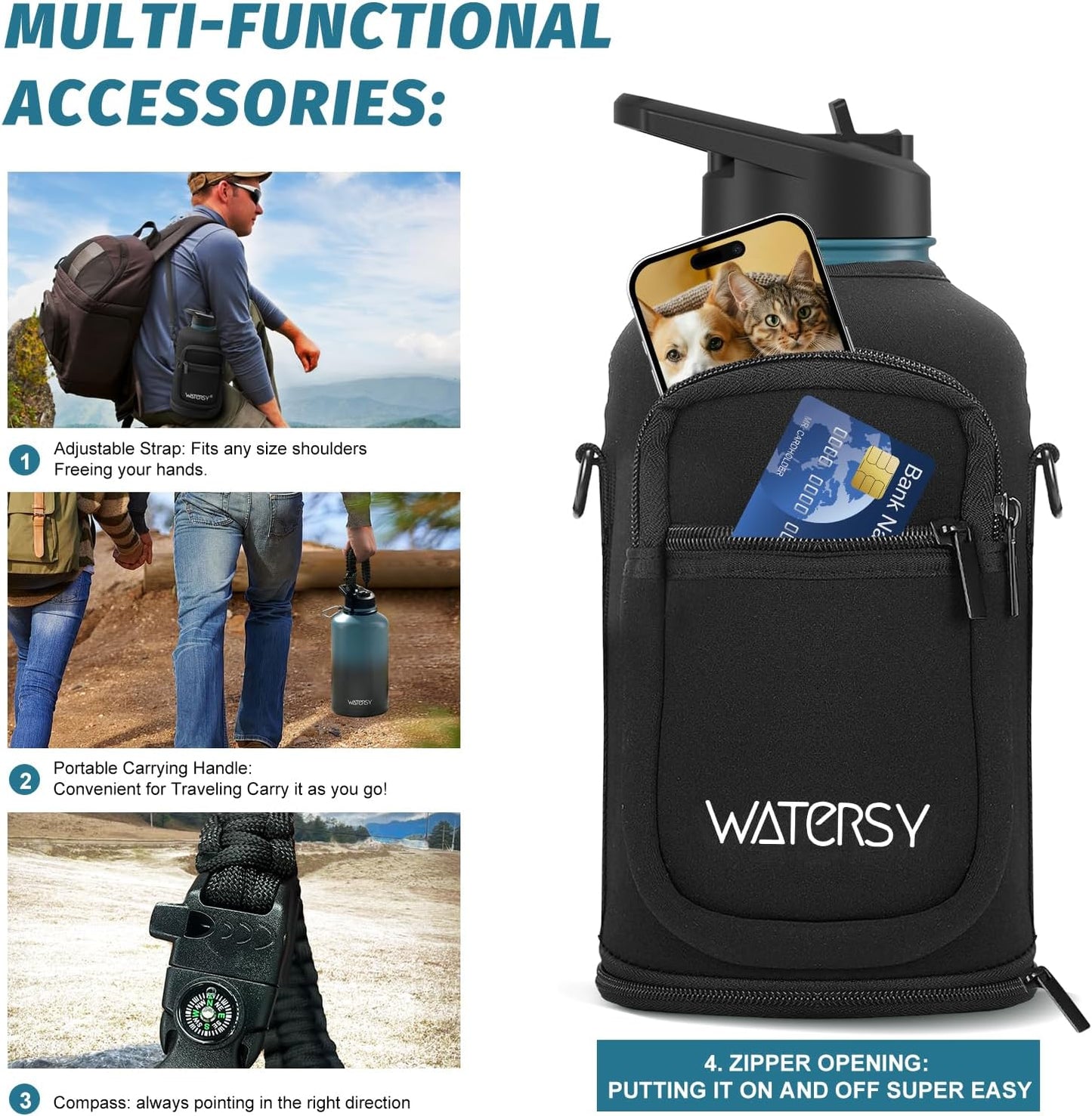 64oz Insulated Water Bottle (Cold for 48 Hrs),BPA Free&Leak Proof,Half Gallon Stainless Steel Water Flask,Water Jug with Straw Spout Lids for Gym,Hiking,Camping,Black Blue