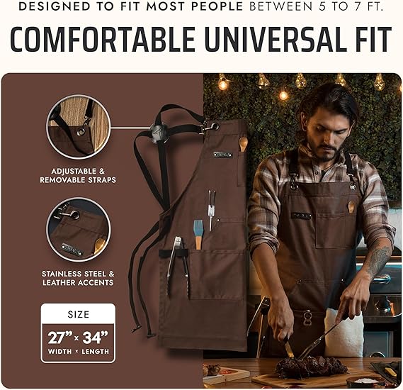 Asaya Chef and BBQ Apron with Bottle Opener and Hand Towel - 10oz Cotton Canvas, Stainless Steel Hardware - Cross Back Straps