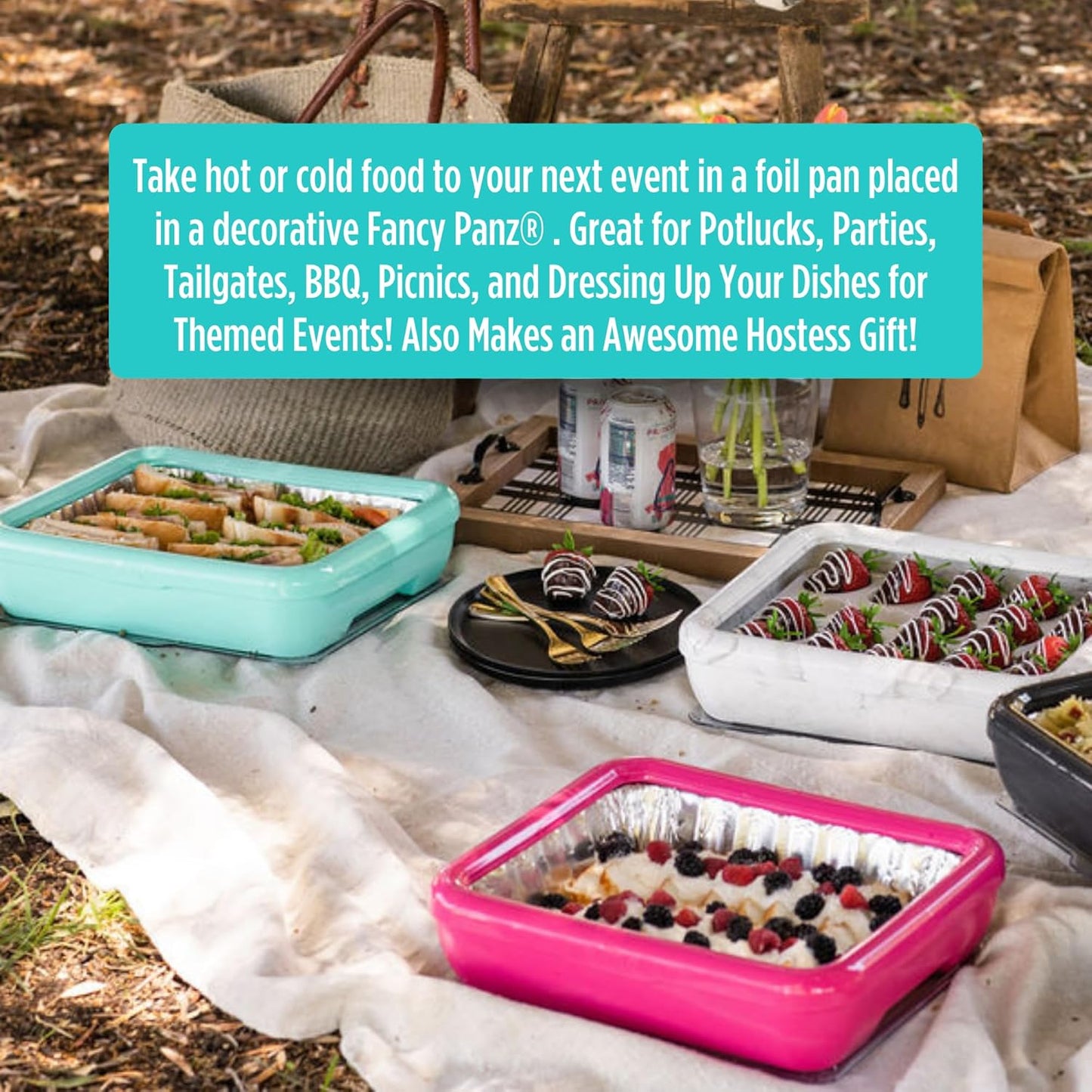 Fancy Panz - Aqua Premium Aluminum Foil Pan Carrier with Lid & Hot/Cold Pack - Elevated Food Serving Tray - Portable Casserole Carrier with Lid - Made in the USA Hosting Essentials