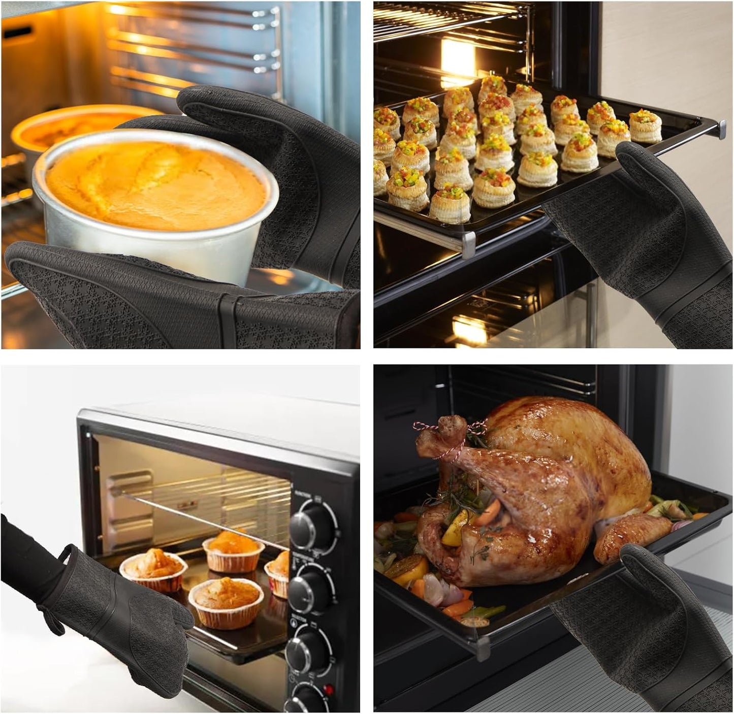 Hovico Silicone Oven Mitts, Heat Resistant 500F Kitchen Mitts 2PCS, 11.6" BPA-Free Soft Baking Gloves, Non-Slip Grip Oven Gloves with Soft Cotton Lining for Kitchen Cooking Baking BBQ - Black