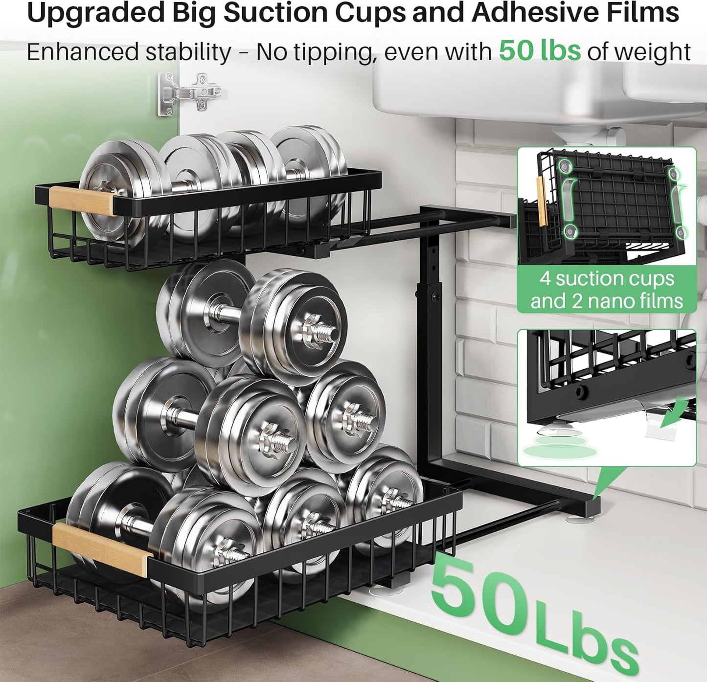 Kitstorack Under Sink Organizer, 2 Tier Under the Sink Storage, Slide out Pull out Cabinet Organizer Shelf, Metal Sliding Drawer for Kitchen Bathroom Pantry Closet Organization Rack, Black, 2 Pack