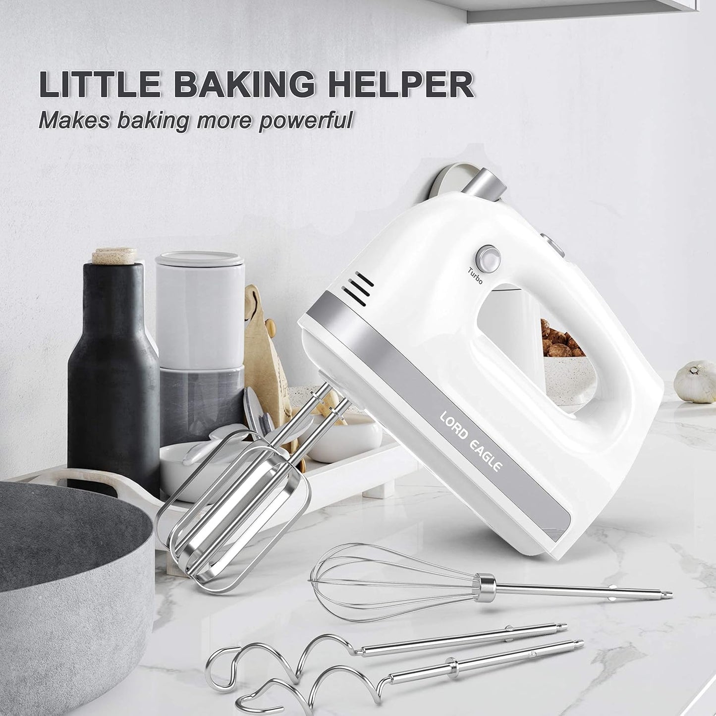Lord Eagle Hand Mixer Electric Handheld 400W, 5-Speed Lightweight Kitchen Mixer with Storage Case, 5 Stainless Steel Attachments for Baking Cake Egg Cream Food Beater, Turbo+Eject Button