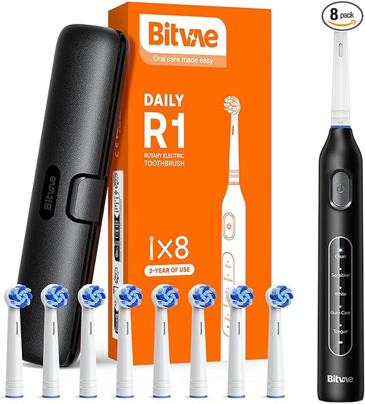 Bitvae R1 Rotating Electric Toothbrush with 8 Brush Heads for Adults and Kids, 60-Day Battery Life, 5 Modes Rechargeable Power Toothbrush with 2-Minute Smart Timer, Black