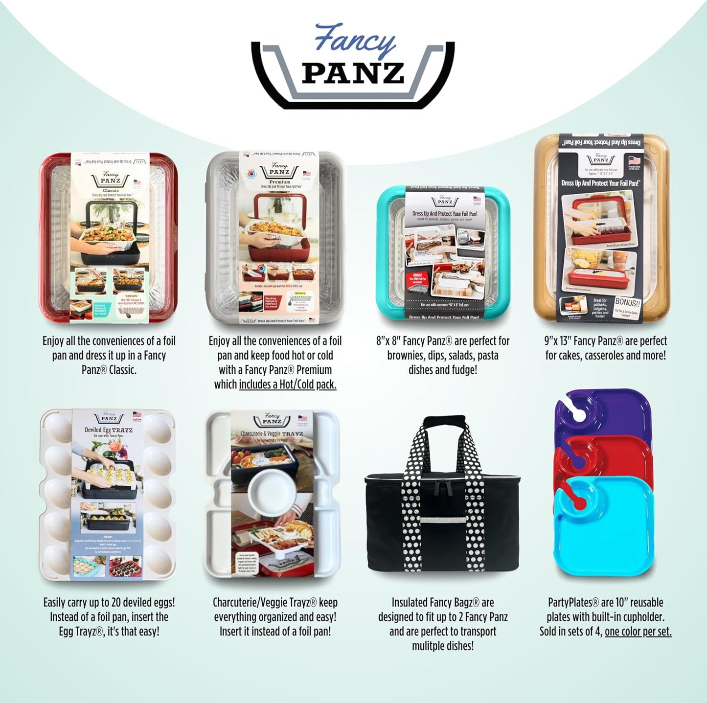 Fancy Panz - Aqua Premium Aluminum Foil Pan Carrier with Lid & Hot/Cold Pack - Elevated Food Serving Tray - Portable Casserole Carrier with Lid - Made in the USA Hosting Essentials