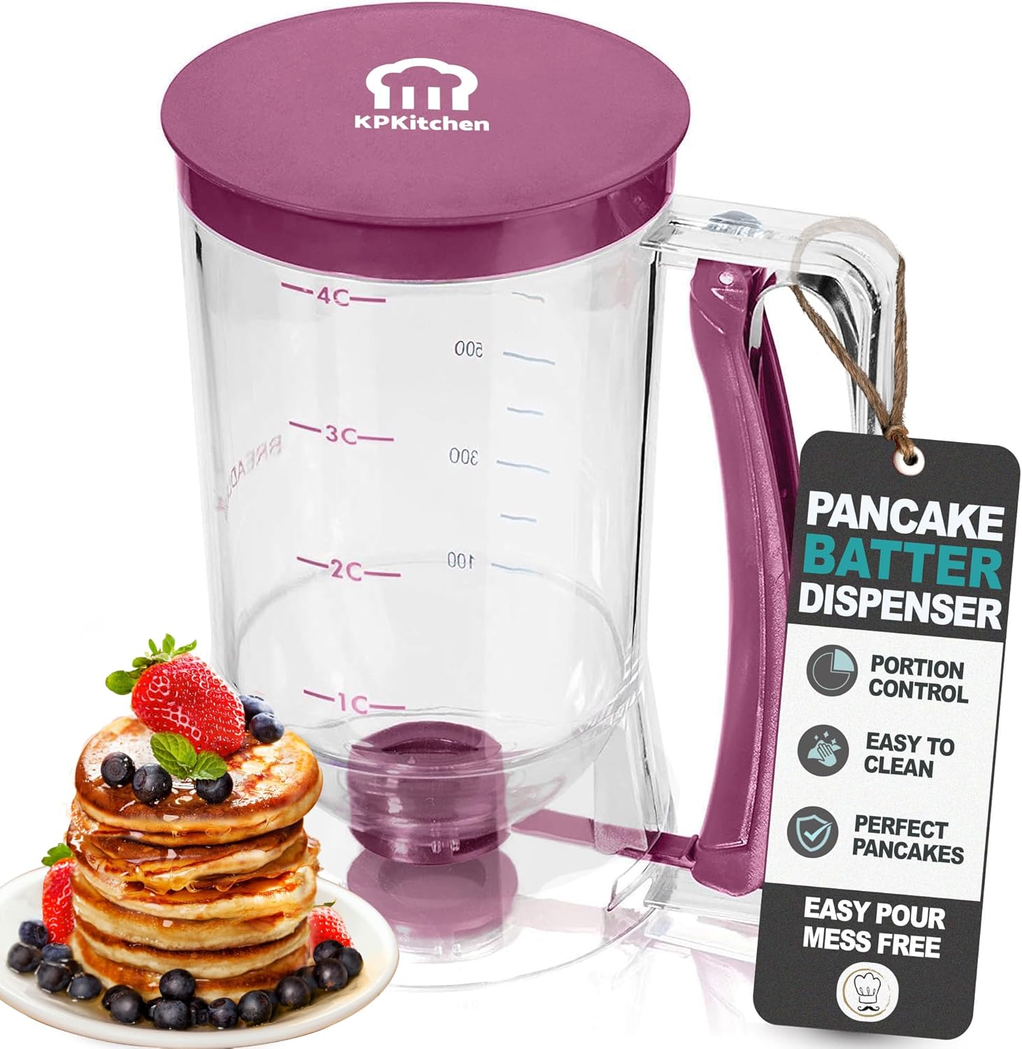 KPKitchen Pancake Batter Dispenser - Kitchen Must Have Tool for Perfect Pancakes, Cupcake, Waffle, Muffin Mix, Cake & Crepe - Baking Supplies for Griddle - Pancake Maker with Measuring Label (Purple)