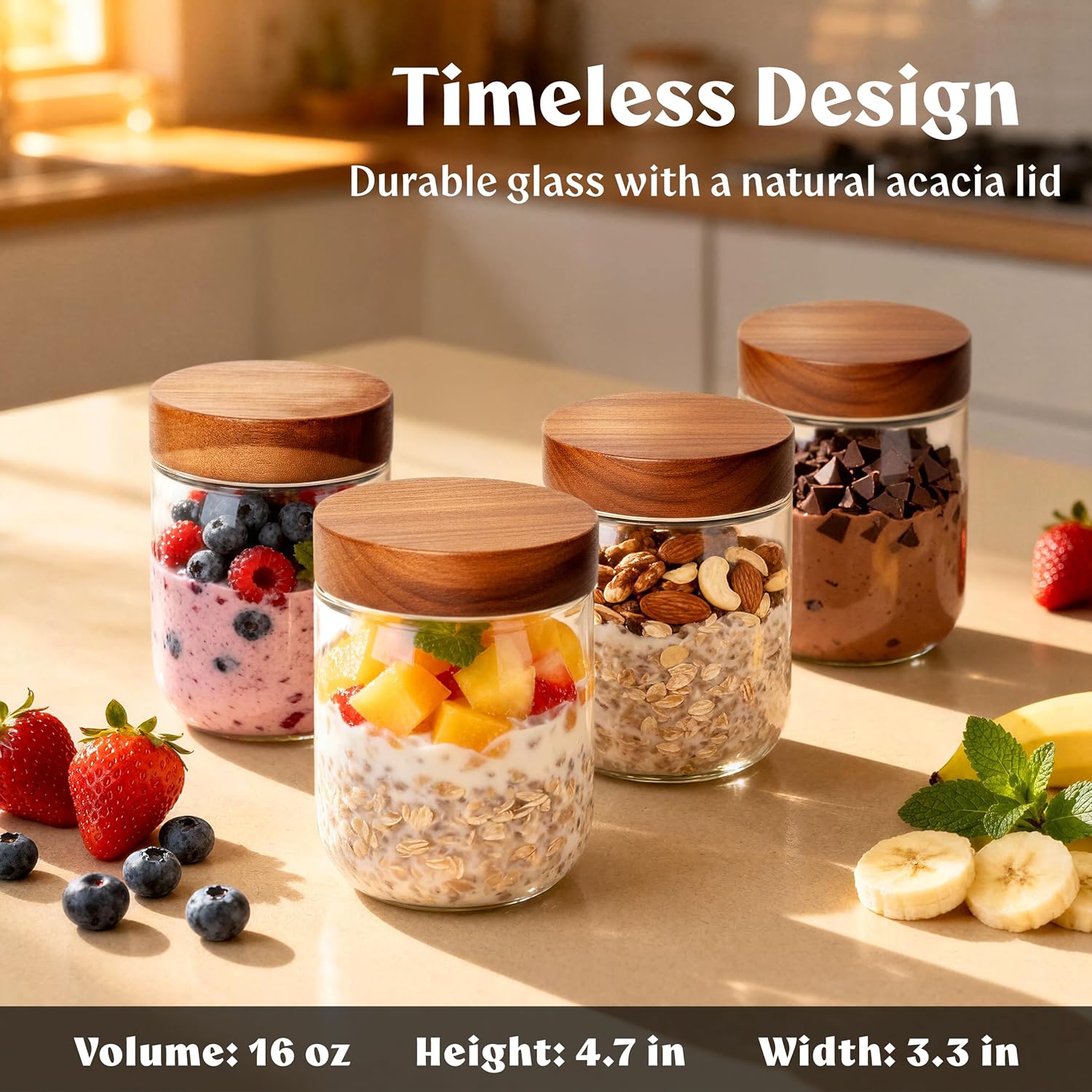 Overnight Oats Containers with Lids Acacia (4 x 16oz) Glass Jars for Oatmeal, Meal Prep, Food Storage | Leak-Proof Mason Jars for Oats, Cereal, Yogurt, Chia Pudding [Thicker Glass 3mm]