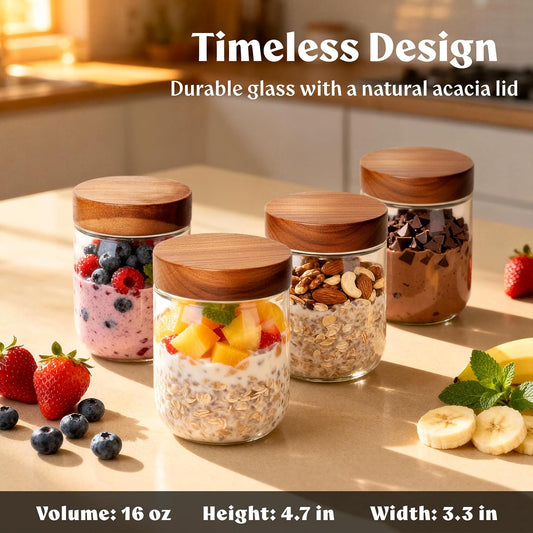 Overnight Oats Containers with Lids Acacia (4 x 16oz) Glass Jars for Oatmeal, Meal Prep, Food Storage | Leak-Proof Mason Jars for Oats, Cereal, Yogurt, Chia Pudding [Thicker Glass 3mm]