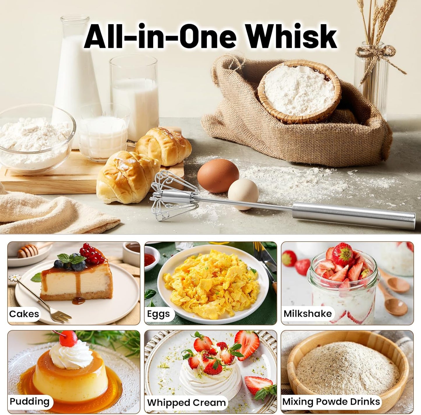 2026 Upgraded Semi-Automatic Stainless Steel Egg Beater – Hand Push Whisk for Baking, Cooking & Stirring – Perfect for Whisking Eggs, Batters & Creams – Effortless Mixing for Quick, Smooth (12in)