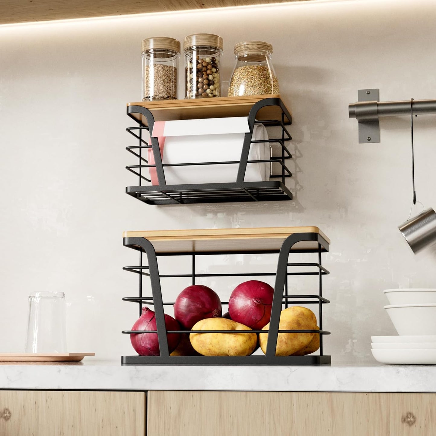 2 Pack Stackable Storage Laundry Kitchen Organizers, Wall Mount Trash Bag Holder with Bamboo Top and Garbage Bag Dispenser No Drill