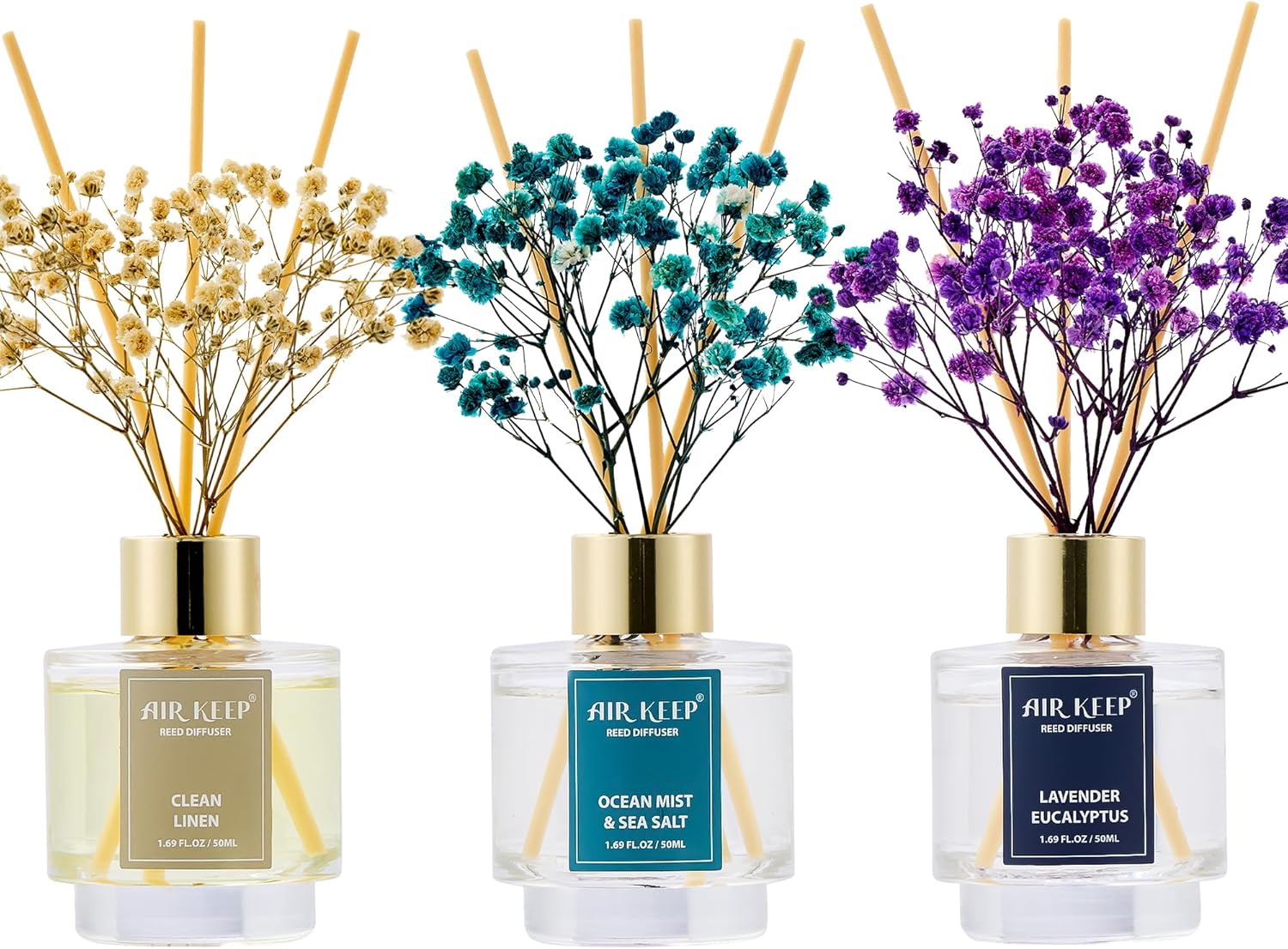 Airkeep Reed Diffuser Set of 3,Clean Linen Ocean Mist&Sea Salt Lavender Eucalyptus Oil Reed Diffusers for Bedroom Living Room Office Aromatherapy Oil Reed Diffuser for Gift 50ml x 3