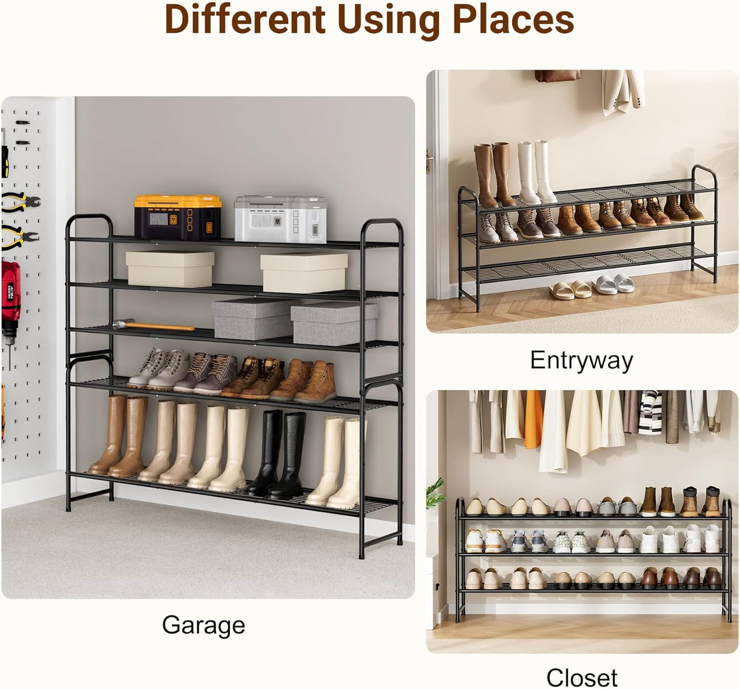 KEETDY 3-Tier Long Shoe Rack for Closet Metal Shoe Organizer for Entryway, Wide Stackable Shoe Storage Shelf with Sturdy Wire Grid for Closet Floor, Bedroom, Black