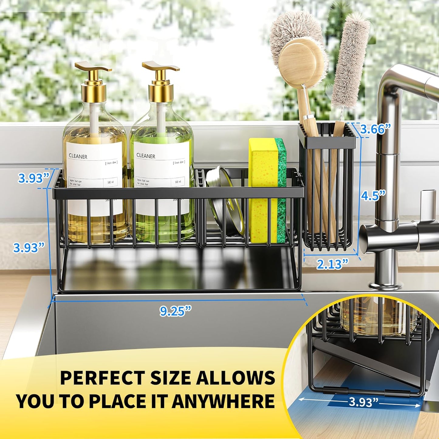 Cisily Kitchen Sink Caddy Organzier with High Brush Holder, Sponge Holder for Sink, 304 Rustproof Stainless, Kitchen Countertop Soap Dispenser Organizer