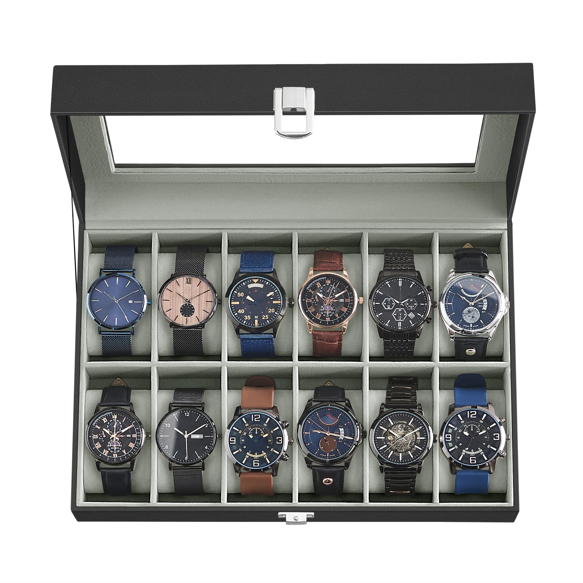 SONGMICS Watch Box, 12-Slot Watch Case Organizer with Large Glass Lid, Removable Pillows, Gift for Loved Ones, Black Synthetic Leather, Gray Lining UJWB12BK