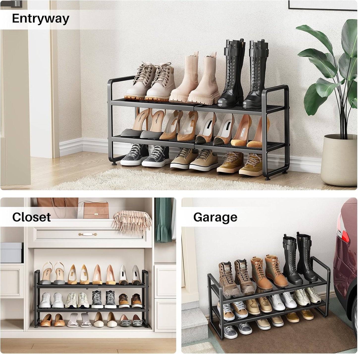 SNTD Shoe Rack - Expandable Shoe Organizer for Closet, Adjustable Metal Shoe Shelf Storage, Stackable Long Shoe Stand Holder for Garage, Entryway, Door Entrance (Black, 2-Tier)