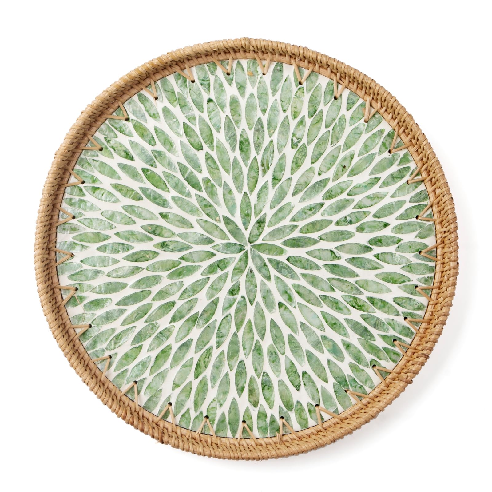 Round Rattan Tray with Mother of Pearl Inlay, Decorative Wicker Serving Tray with Wooden Base, Woven Basket Trays for Bread Fruits Coffee, Leaf
