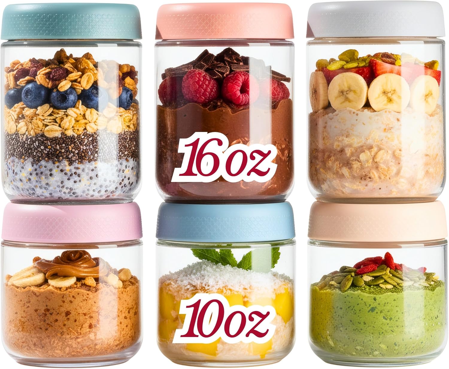 CATIFLIN 6-Pack Overnight Oats Containers with Lids, 16oz & 10oz Glass Mason Jars, Airtight Wide-Mouth Food Storage Containers for Meal Prep, Yogurt, Salad, Snacks, Chia, and Baby Food