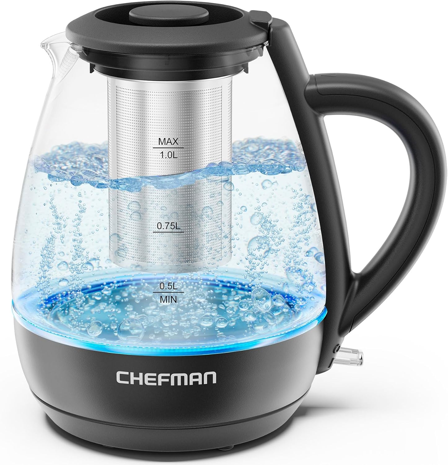 Chefman Electric Kettle with Tea Infuser, Compact 1L (4 Cups), 1500W, Removable Lid for Easy Cleaning, Boil-Dry Protection, Stainless Steel Filter, BPA Free, Auto Shut Off, Small Electric Tea Kettle
