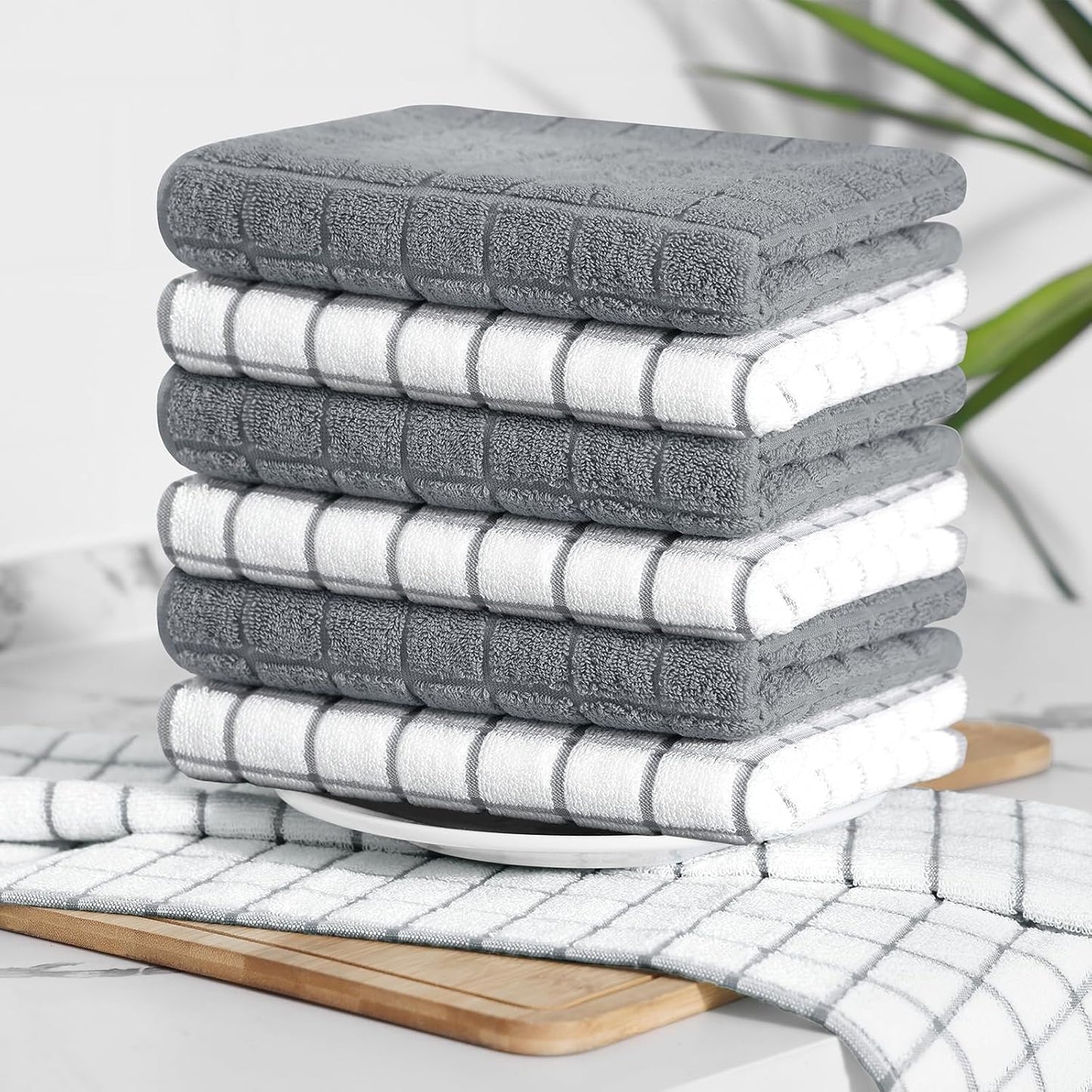Homaxy Premium Cotton Kitchen Towels 16"x 28", Large Natural Ring Spun 390 GSM Dish Towels, Super Absorbent Terry Kitchen Hand Towels, Soft Tea Towels with Hanging Loop, Grey Check Design, 6 Pack