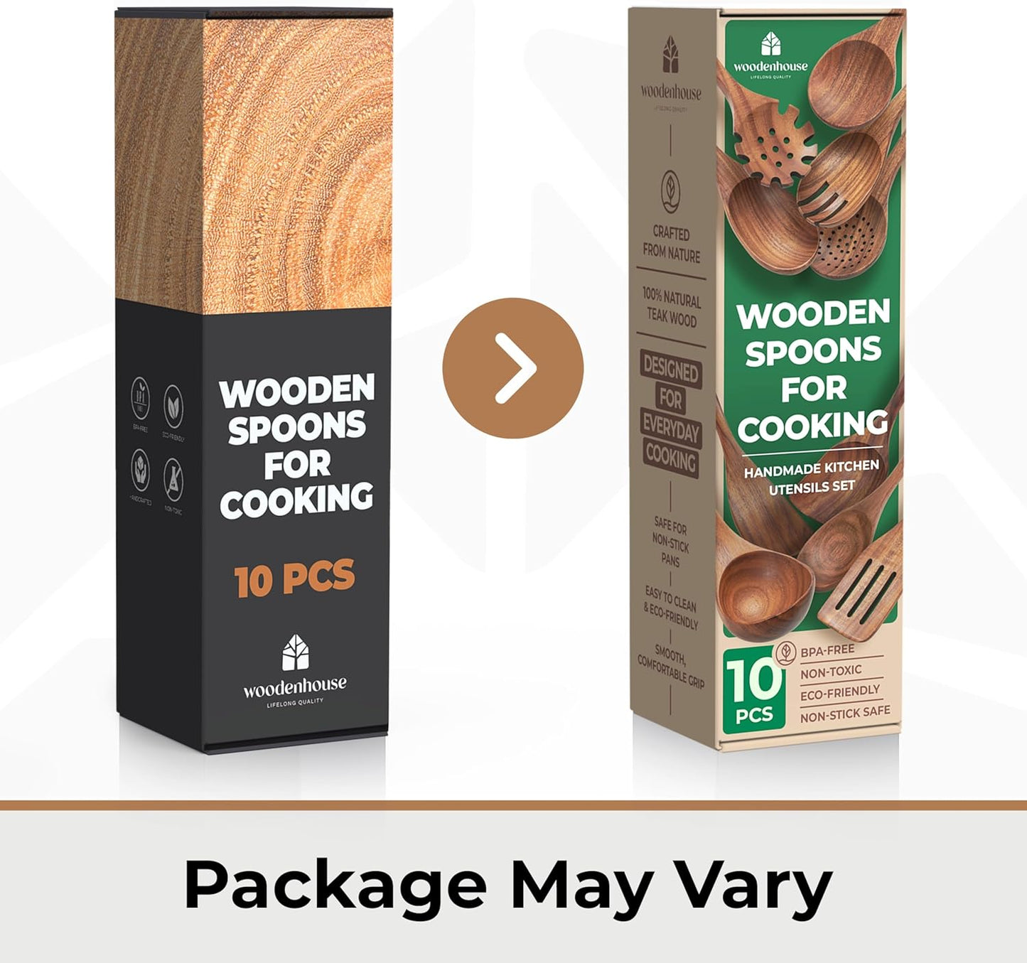 Wooden Spoons for Cooking – 10 Pc Teak Wood Utensil Set, Durable, Nonstick Safe & Heat Resistant with Ergonomic Handles