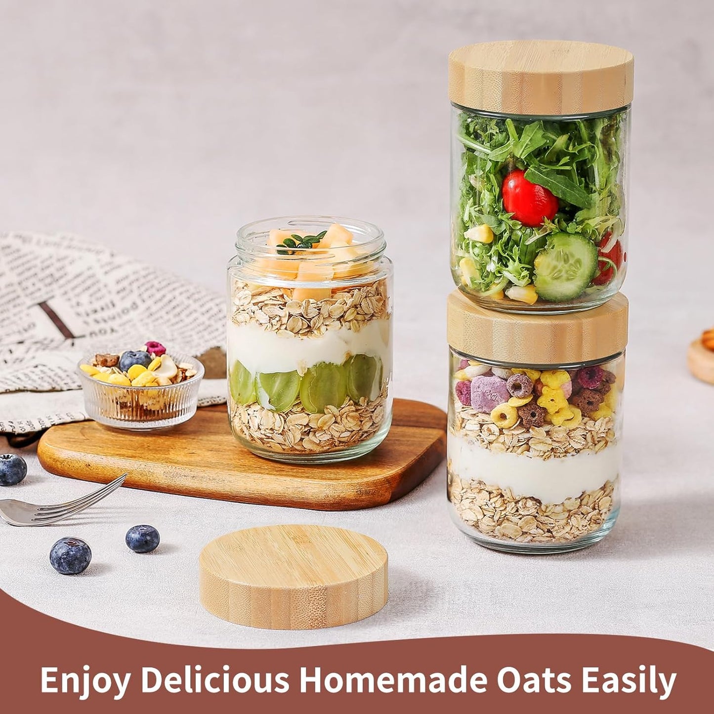 DRKIO 16 Oz Overnight Oats Containers with Bamboo Lids - 4 Pack Glass Storage Jars with Airtight Lids Wide Mouth Mason Food Jars Great for Meal Prep Salad Chia Pudding Snacks Yogurt Sugar Spice Cereal