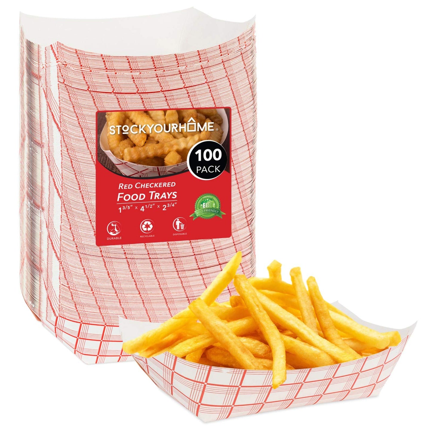 Stock Your Home Medium Paper Food Boats (100 Pack) – 2 lb Disposable Red & White Checkered Trays, Eco-Friendly Serving Boats for Concessions, Nachos & Condiments (4.5" x 2.75")